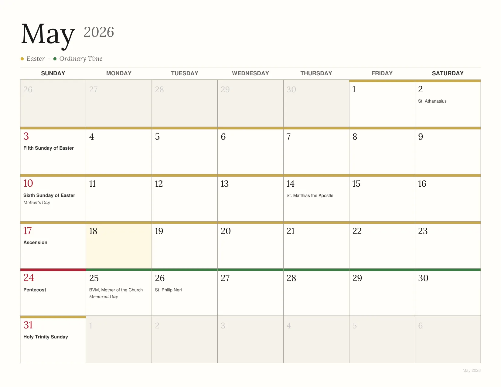 Free printable Catholic calendar PDF for 2026 — landscape wall-calendar grid showing May 2026 with feast days, Ascension, Pentecost, Mother's Day, Memorial Day, and liturgical season colors from the USCCB calendar