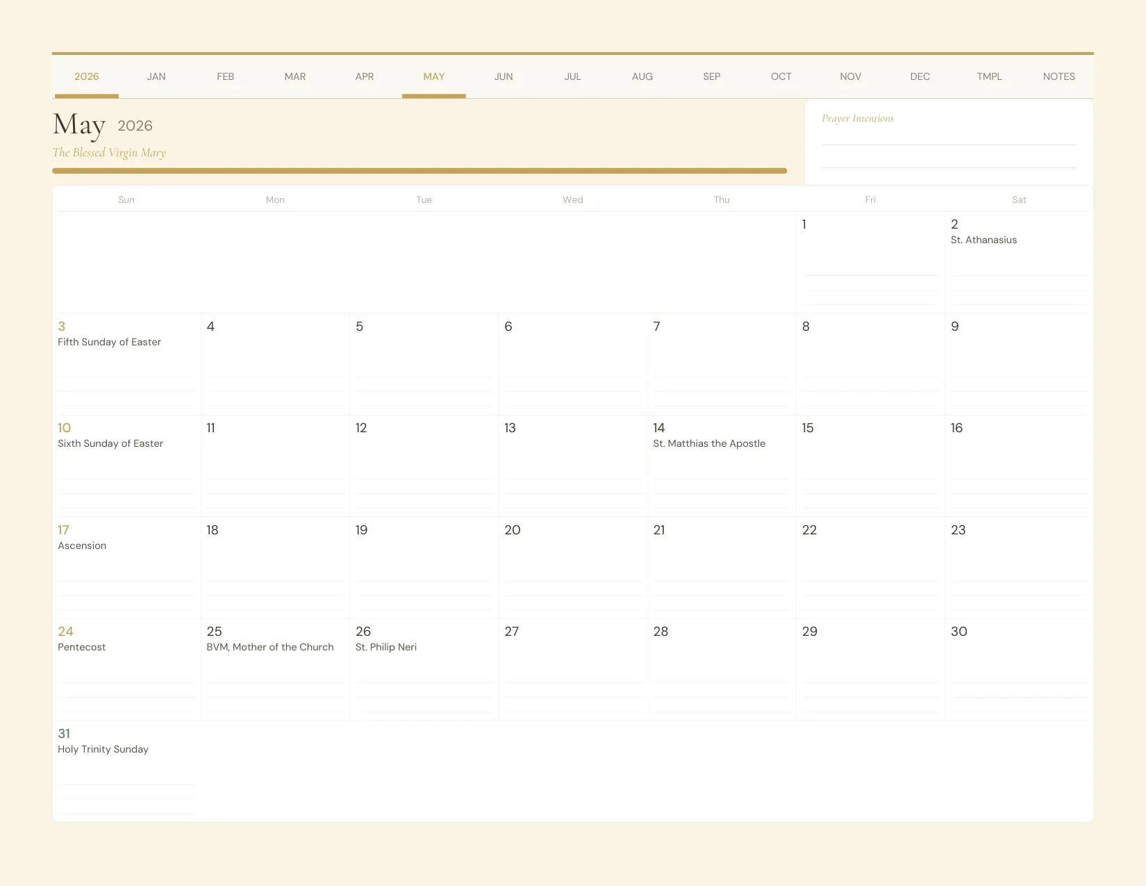 Free Catholic digital planner for iPad showing April 2026 landscape monthly calendar with Easter, Palm Sunday, liturgical season colors, feast days, and hyperlinked navigation tabs for GoodNotes and Notability