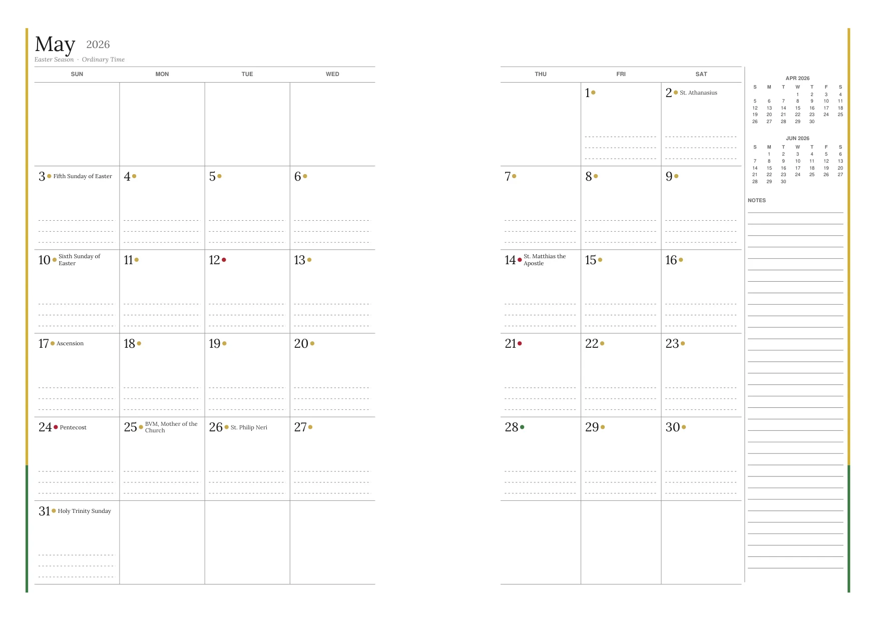 Free printable Catholic planner monthly spread showing April 2026 with Easter, Palm Sunday, Holy Week feast days, liturgical season colors, and saint days from the USCCB calendar